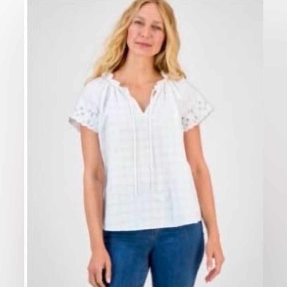 NWT Style & Co Women's White Embroidered Cotton Short-Sleeve Peasant Top